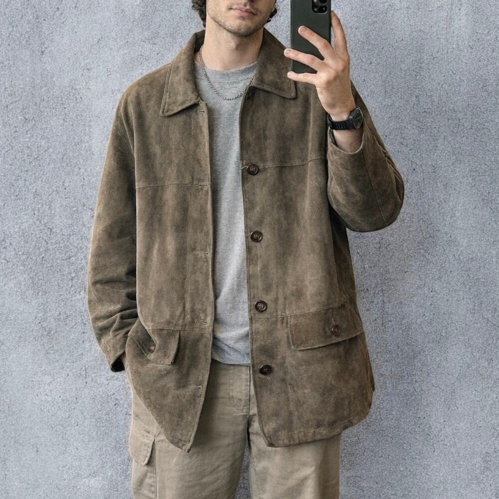 Vintage Y2K Claiborne Men’s Genuine Suede Coat Dark Green Quilted Lined Large